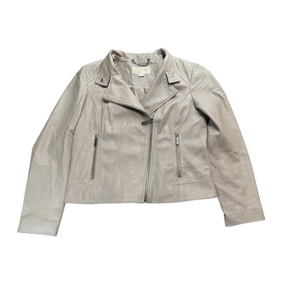 Michael Kors Leather Moto Jacket Pale Pink 100% Leather Cotton Lining PL - Picture 1 of 16